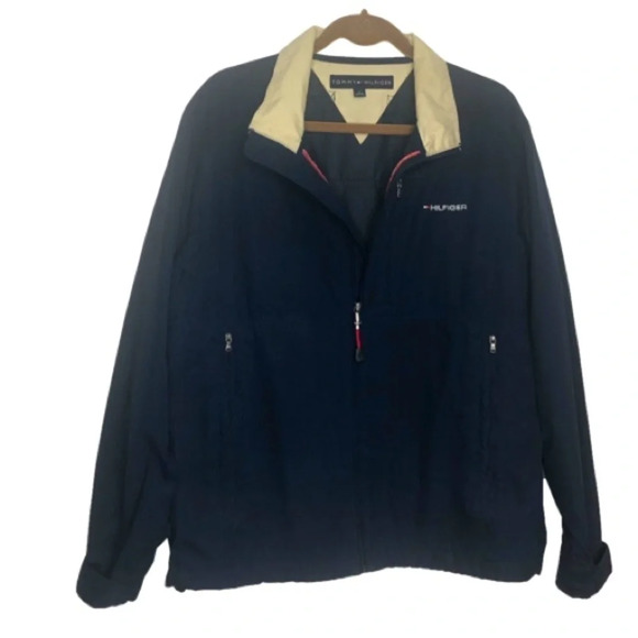 Tommy Hilfiger Men’s Jacket Blue Tan M Zipper Front Pockets Vent Holes - Picture 1 of 11